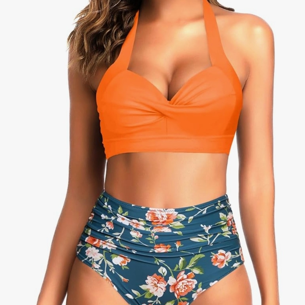 Floral Halter Bikini Set - Orange and Blue